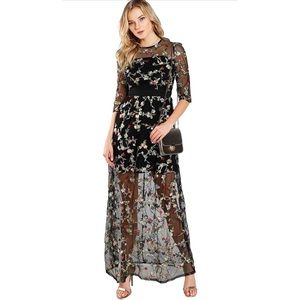 Embroidery Mesh Sheer Evening Cocktail Dress Black